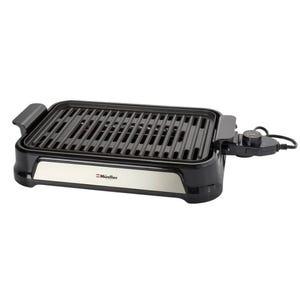 Mueller Smokeless Indoor Grill features a sleek, rectangular design with a black non-stick grilling surface and adjustable temperature control. Equipped with handles on both sides, it's designed for convenient indoor grilling.