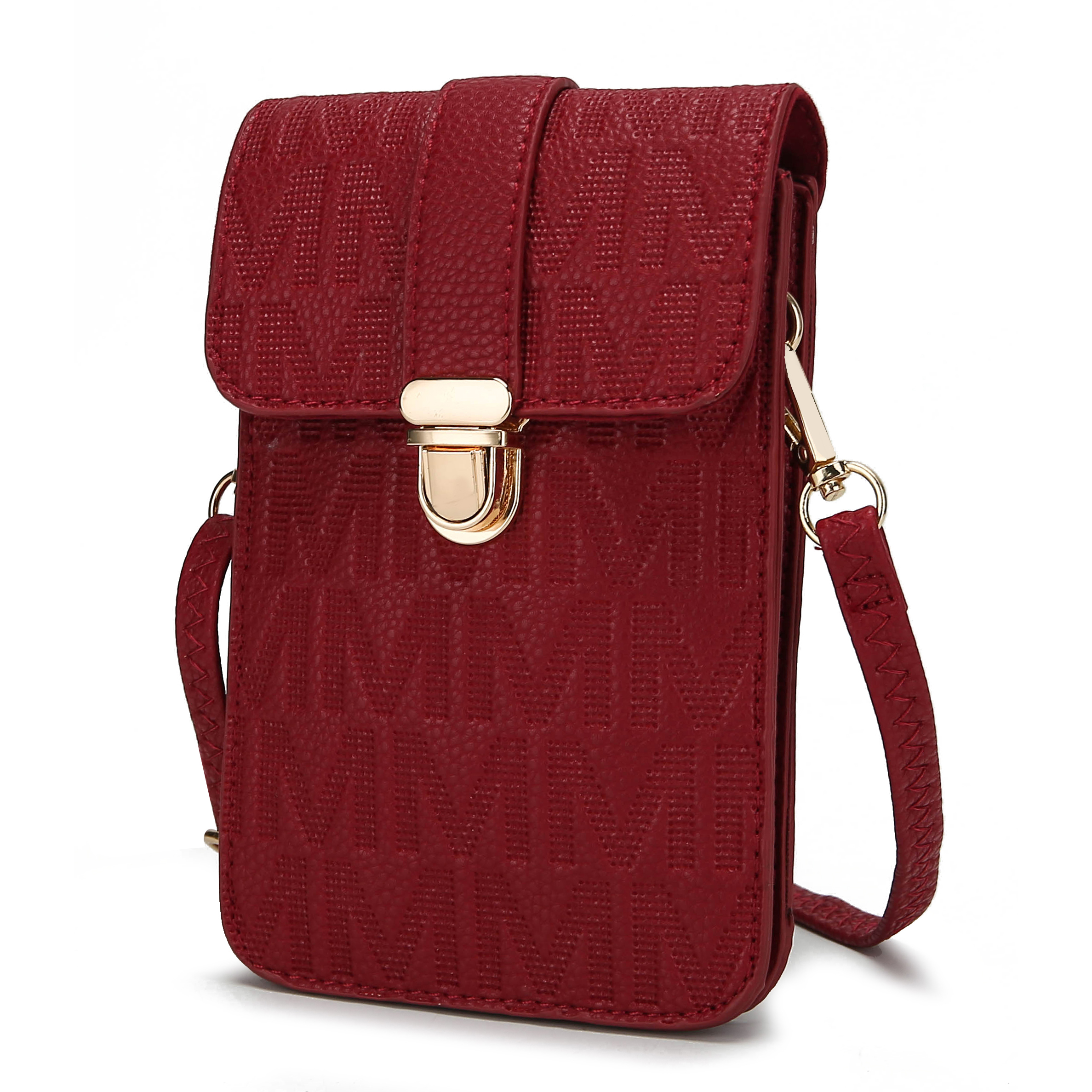 A red MKF Phone Crossbody with embossed \“M\“ pattern, featuring a gold-tone clasp and adjustable strap, designed for compact carrying of essentials.