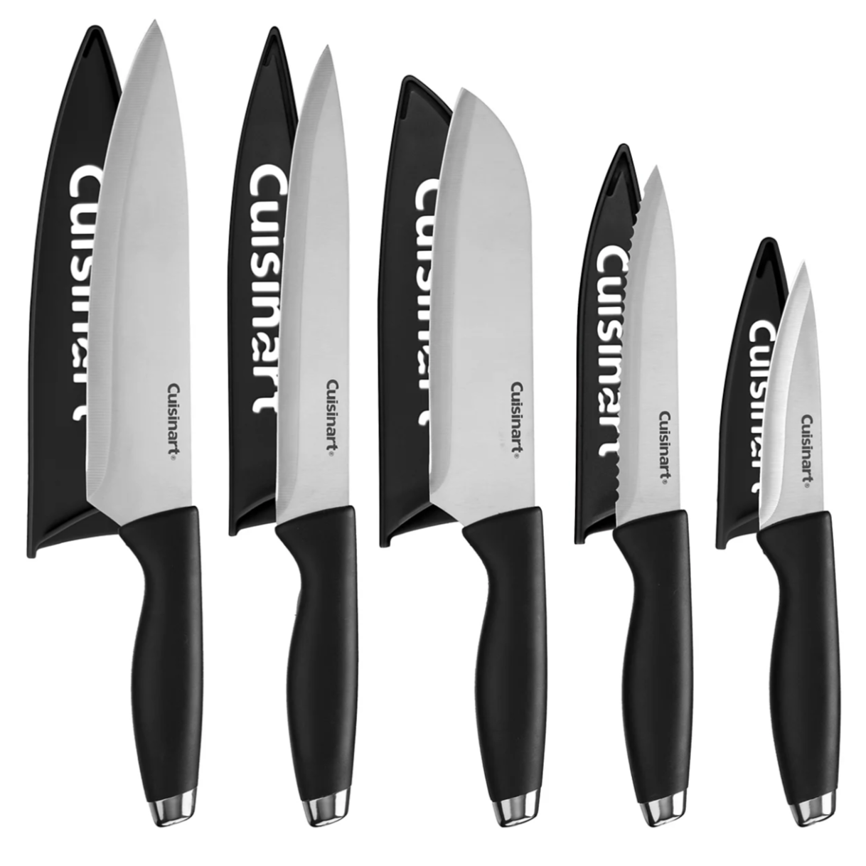 A set of six black-handled kitchen knives with silver blades and matching black blade guards, each featuring the Cuisinart logo.