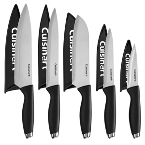 A set of six black-handled kitchen knives with silver blades and matching black blade guards, each featuring the Cuisinart logo.