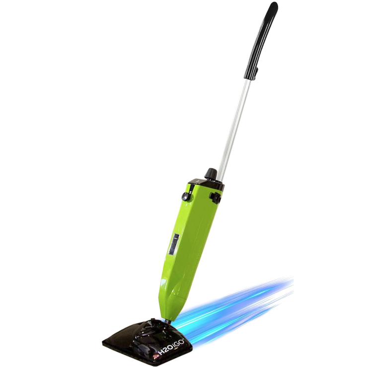 A green steam mop with a long handle and a black mop head, labeled \“H2O GO.\“