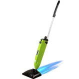 A green steam mop with a long handle and a black mop head, labeled \“H2O GO.\“