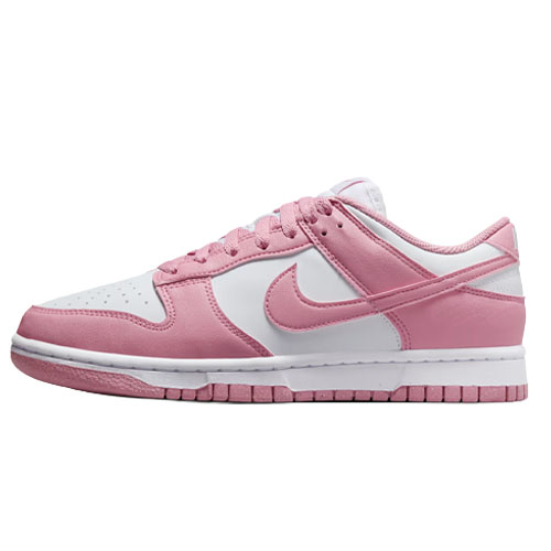 A pink and white low-top sneaker with lace-up closure and a contrasting sole design.