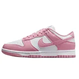 A pink and white low-top sneaker with lace-up closure and a contrasting sole design.