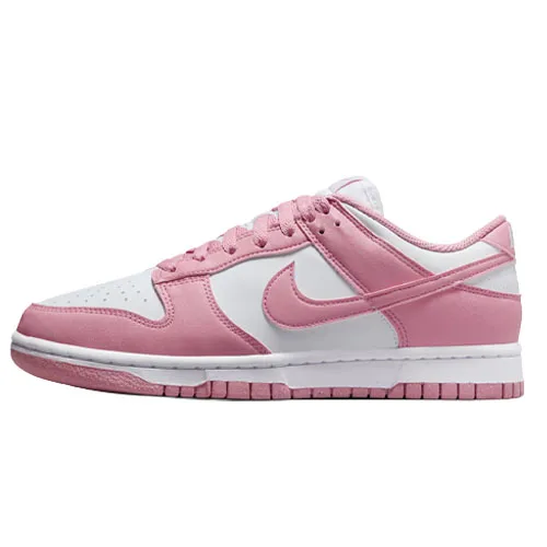A pink and white low-top sneaker with lace-up closure and a contrasting sole design.