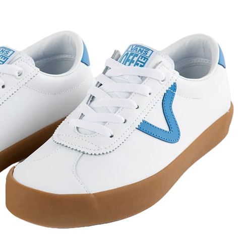 White Vans Sport Leather Shoes with a gum sole, featuring blue accents on the logo and heel. They include a lace-up closure and have a sleek, low-top design.