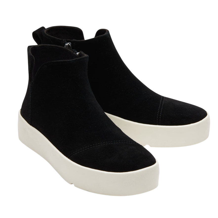Black ankle boots with a sleek design, featuring a side zipper and a white platform sole.