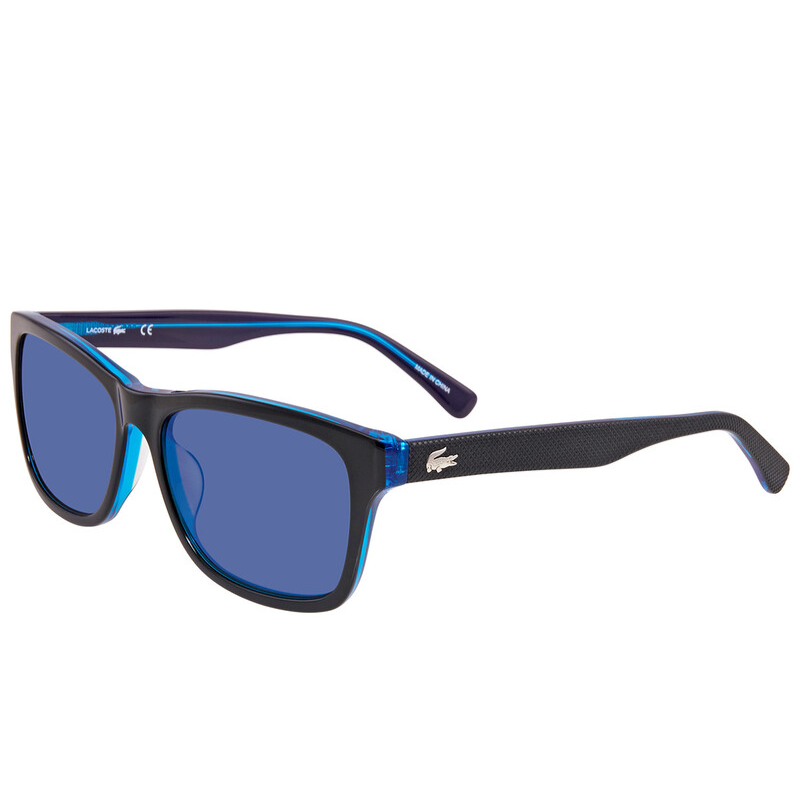 Dark-framed sunglasses with blue lenses and textured black arms featuring a small crocodile logo.