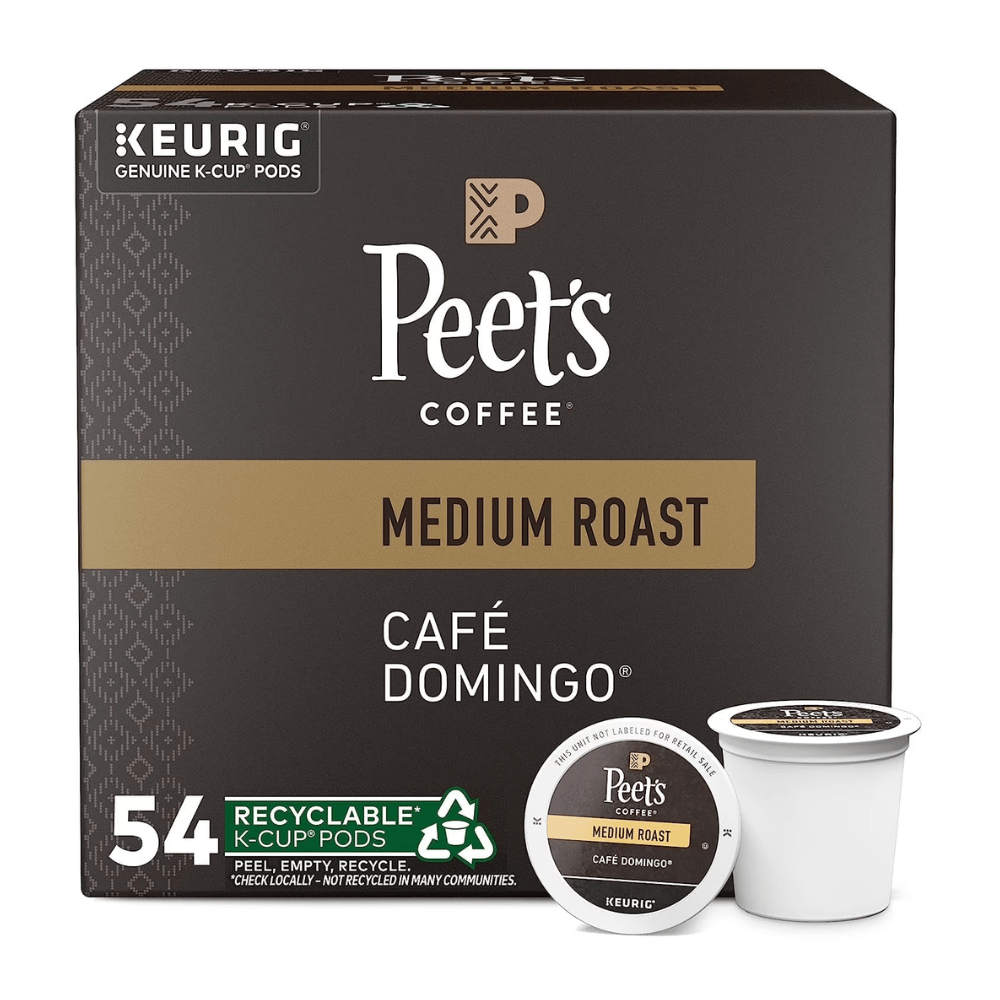 Peet's Coffee Café Domingo Medium Roast K-Cup Pods, 54-count pack, compatible with Keurig machines. Pods are recyclable; local recycling guidelines vary.