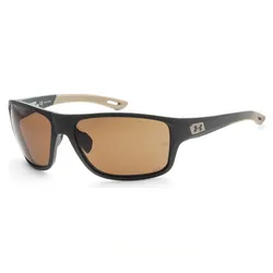 Sunglasses with a dark frame, beige temple tips, and brown lenses, featuring the Under Armour logo on the side.