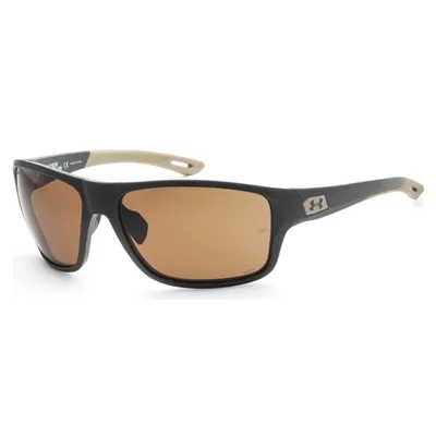Sunglasses with a dark frame, beige temple tips, and brown lenses, featuring the Under Armour logo on the side.