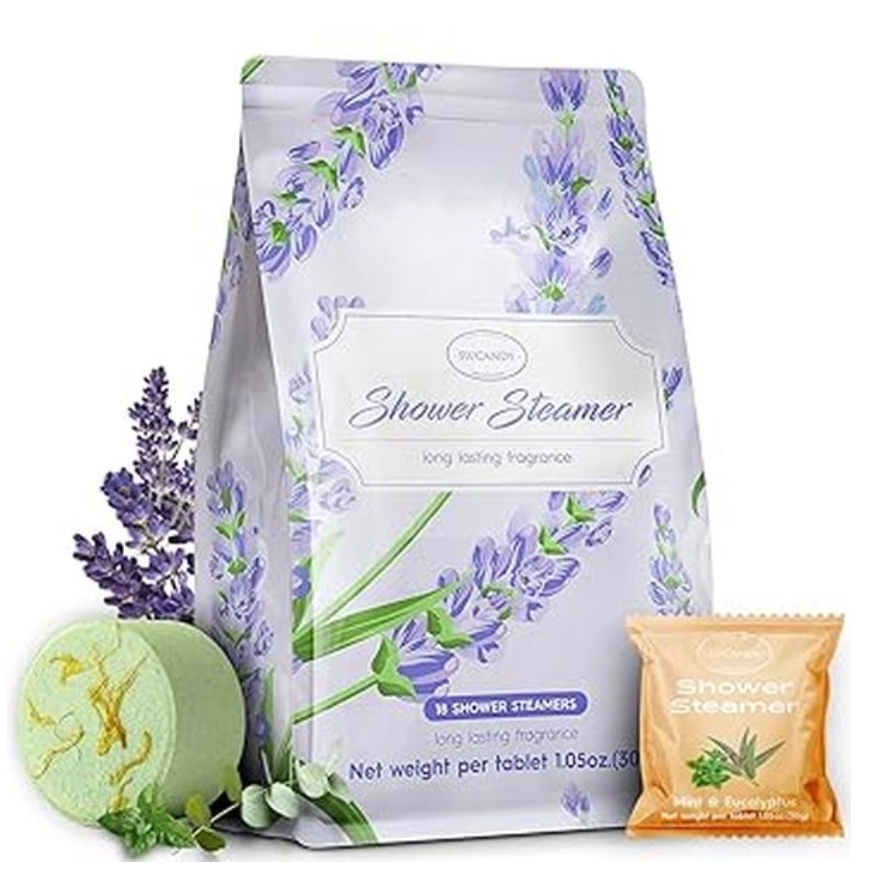 Shower Steamer set with lavender-themed packaging, featuring individually wrapped steamers in scents like mint and eucalyptus. Contains 18 tablets, each weighing 1.05 oz (30g).