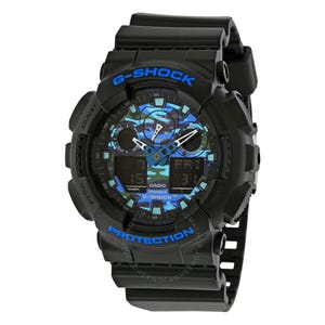 Casio G-Shock watch with a digital-analog display features a black case, blue accents, and durable resin band, offering resistance to shock and water.