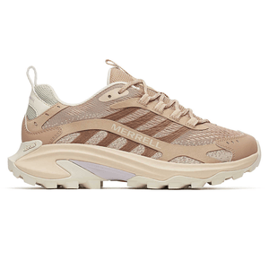 Merrell hiking shoe in a beige color with a chunky sole and breathable mesh design for durability and comfort.