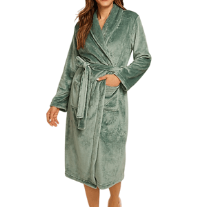 A plush green bathrobe with a shawl collar, tied belt, and two front pockets.