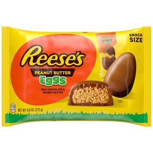 Reese's Peanut Butter Eggs are milk chocolate confections filled with peanut butter, available in a snack size. The package weighs 9.6 oz (272 g) and features vibrant yellow and orange colors with images of the candy and nutrition information.