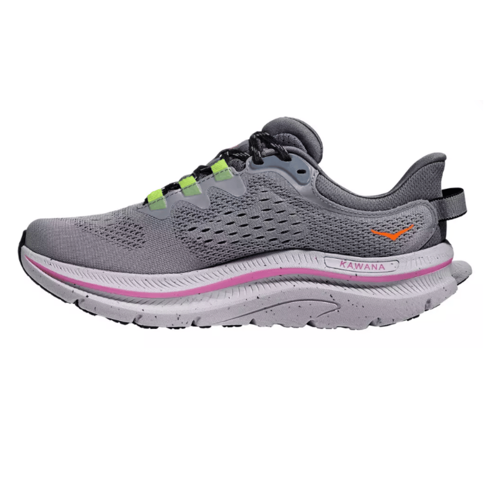 A gray athletic shoe with black laces, featuring neon green accents and a pink stripe on the sole. It has the word \“Kawana\“ on the midsole.