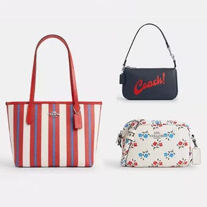 Three handbags: a striped tote with red handles, a small blue crossbody with logo, and a floral-print clutch.