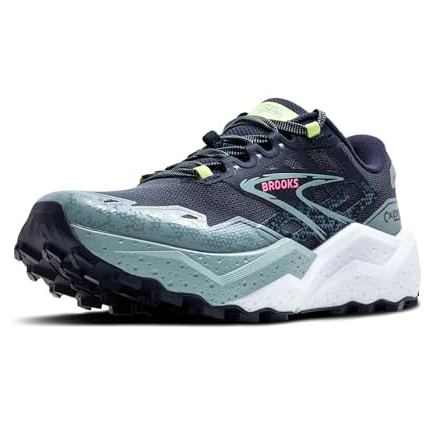 Brooks trail running shoe featuring a rugged design, multicolored upper with mint and dark blue tones, cushioned midsole, and treaded outsole for enhanced grip.
