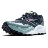 Brooks trail running shoe featuring a rugged design, multicolored upper with mint and dark blue tones, cushioned midsole, and treaded outsole for enhanced grip.