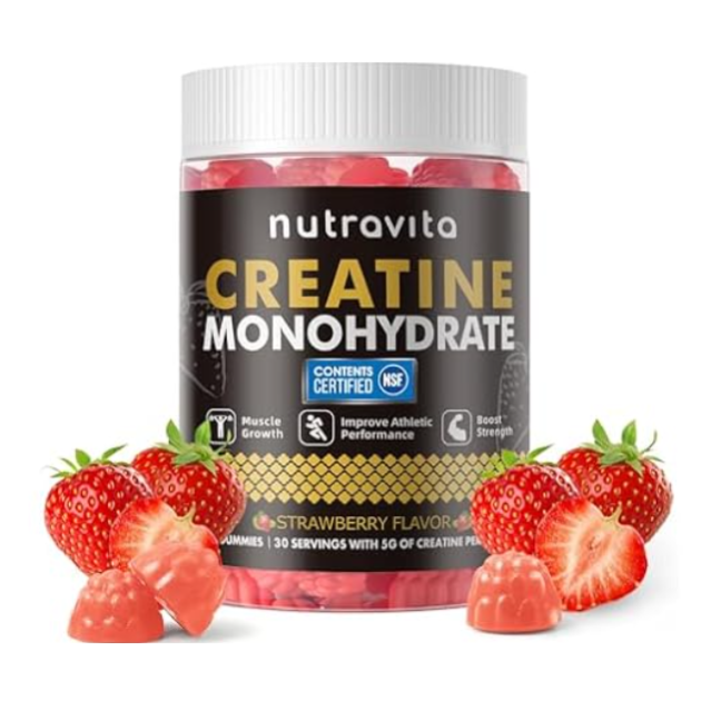 Nutravita Creatine Monohydrate gummies in strawberry flavor, featuring benefits like muscle growth, improved athletic performance, and boosted strength. Contains NSF Certified contents with 30 servings and 5g of creatine each.