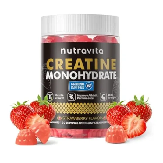 Nutravita Creatine Monohydrate gummies in strawberry flavor, featuring benefits like muscle growth, improved athletic performance, and boosted strength. Contains NSF Certified contents with 30 servings and 5g of creatine each.