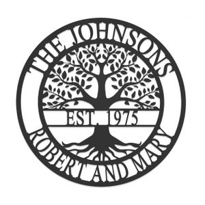 A circular metal sign features a tree design with the text \“THE JOHNSONS\“ at the top, \“EST. 1975\“ across the middle, and \“ROBERT AND MARY\“ at the bottom.