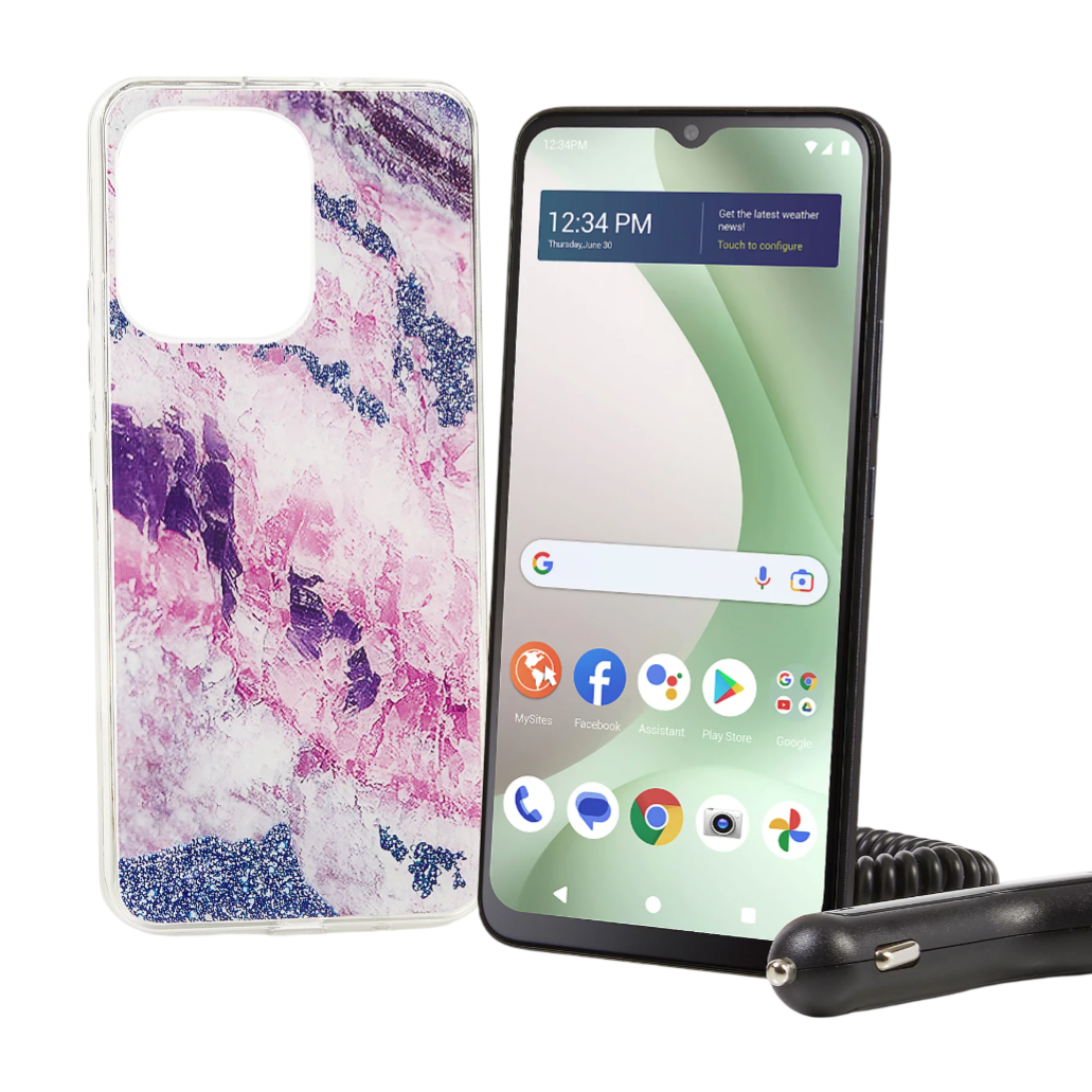 Smartphone with colorful abstract case, featuring a screen displaying various app icons and a car charger accessory.