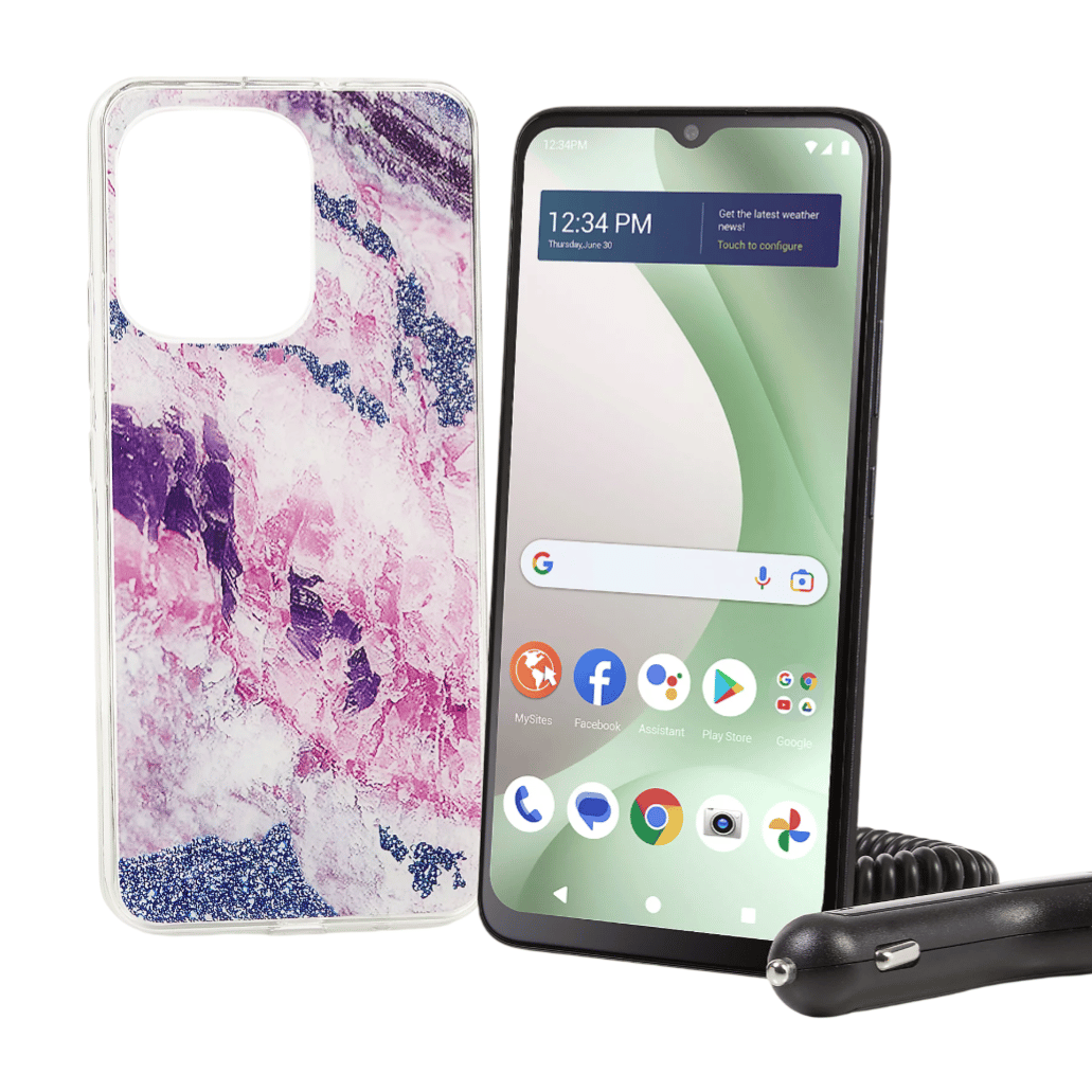 Smartphone with colorful abstract case, featuring a screen displaying various app icons and a car charger accessory.