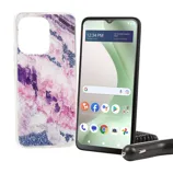 Smartphone with colorful abstract case, featuring a screen displaying various app icons and a car charger accessory.