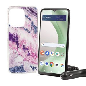 Smartphone with colorful abstract case, featuring a screen displaying various app icons and a car charger accessory.