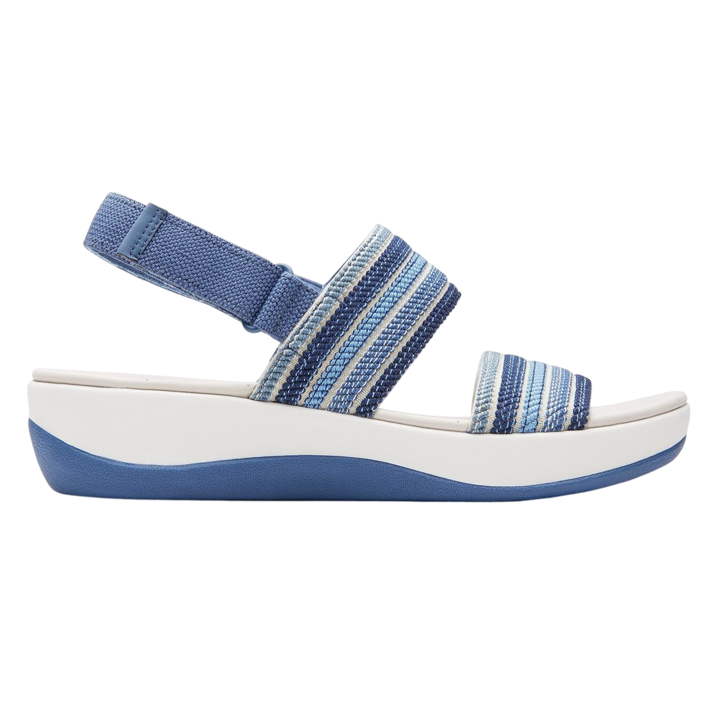 Blue and white sandal with a platform sole, featuring two blue striped fabric straps and a Velcro ankle strap.