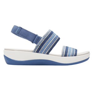 Blue and white sandal with a platform sole, featuring two blue striped fabric straps and a Velcro ankle strap.