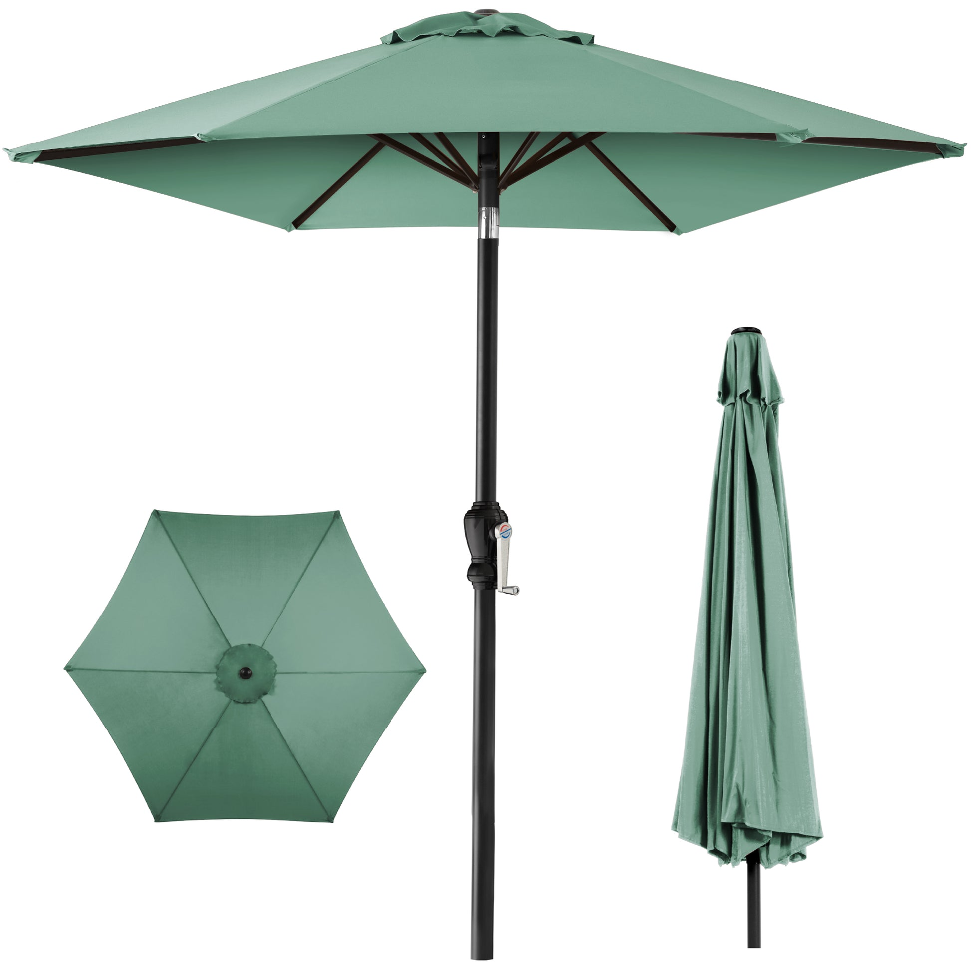 A green outdoor patio umbrella with a crank handle and twist-tilt mechanism, shown open, from the top, and closed.