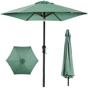 A green outdoor patio umbrella with a crank handle and twist-tilt mechanism, shown open, from the top, and closed.