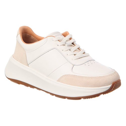 A white and beige sneaker with a suede accent on the toe and heel, featuring a chunky sole and lace-up design.