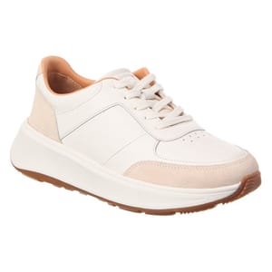 A white and beige sneaker with a suede accent on the toe and heel, featuring a chunky sole and lace-up design.