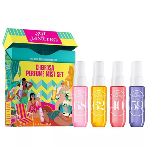 four mini multicolored perfumes next to a colorful box