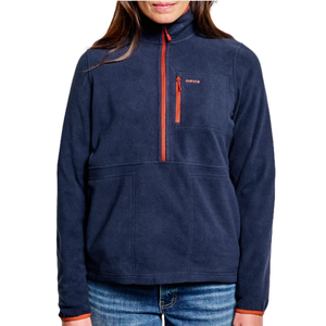 The Orvis Hill Country Microfleece is a navy blue pullover with a half-zip closure and an orange accent zipper on the chest pocket. It has a warm, casual style, featuring long sleeves and a high collar suitable for colder weather.