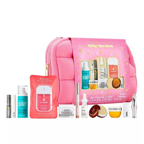 Sephora collection featuring a pink cosmetic bag and assorted skincare and makeup products, including a hand sanitizer, lip balm, moisturizer, and various creams and serums.