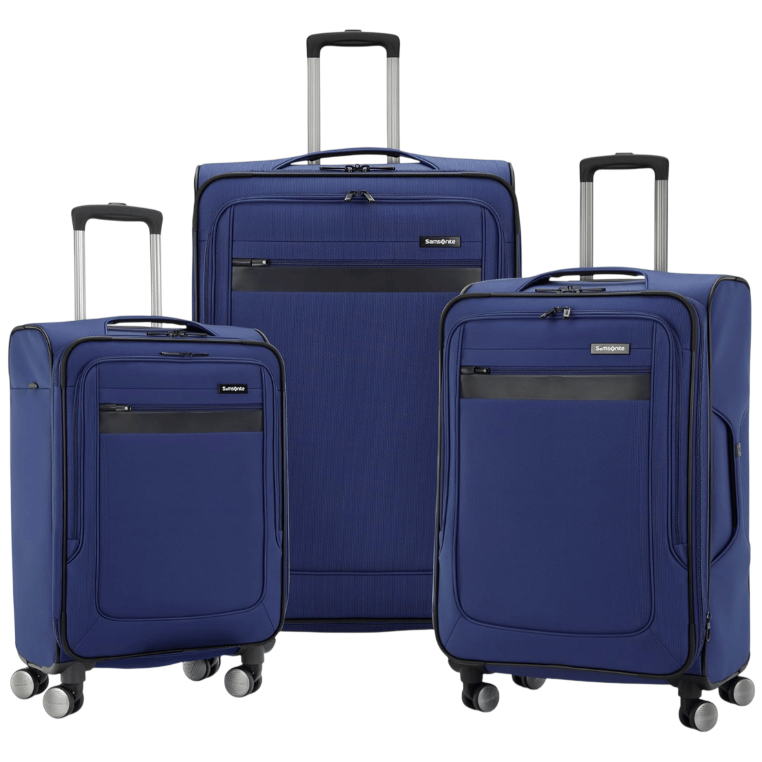 Three blue rolling suitcases with telescopic handles and four wheels each, varying in size, designed for travel.