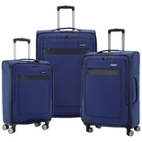 Three blue rolling suitcases with telescopic handles and four wheels each, varying in size, designed for travel.