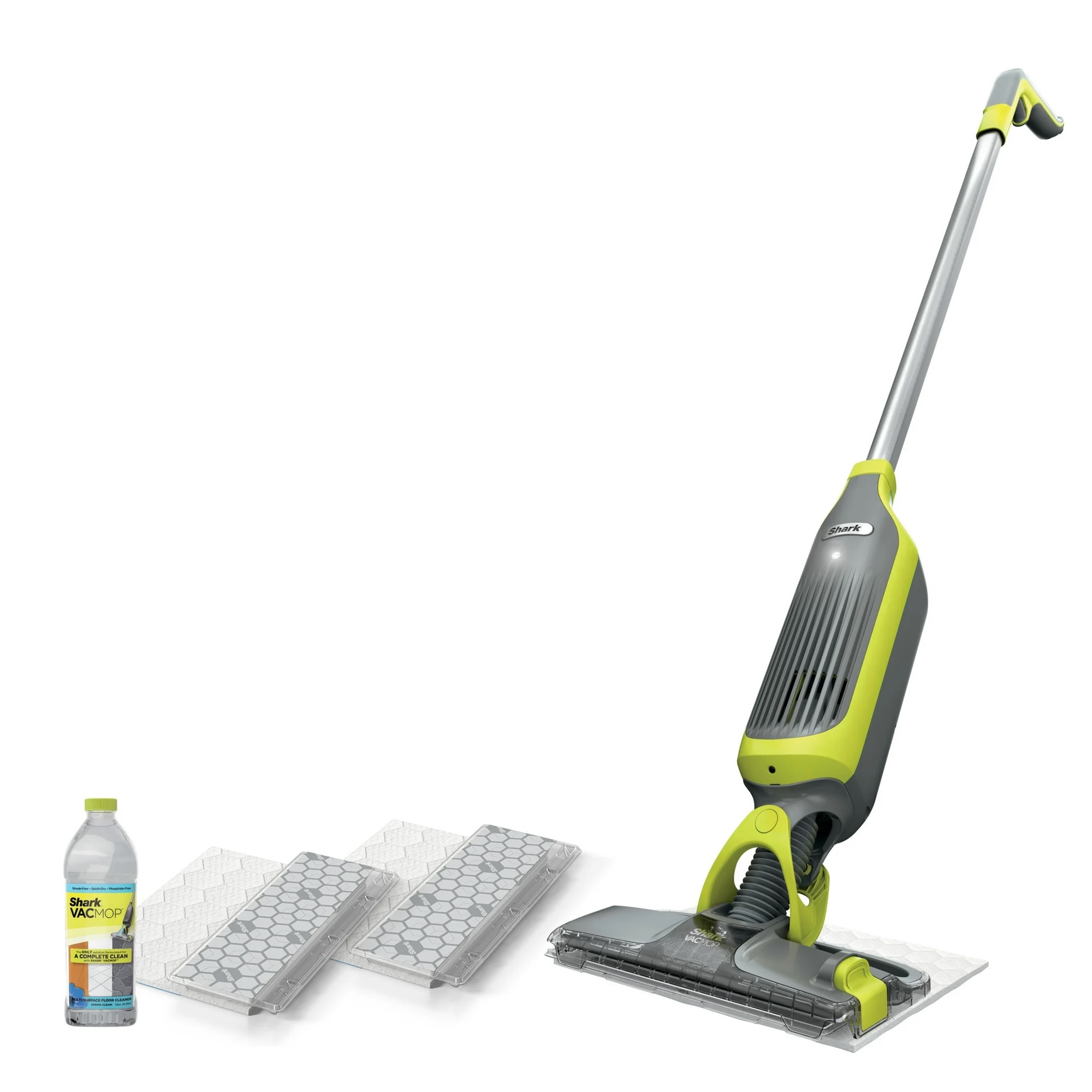 A Shark vacuum mop with a bottle of cleaning solution and disposable pads.