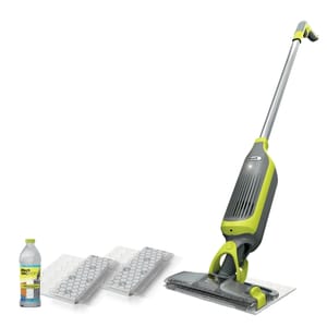 A Shark vacuum mop with a bottle of cleaning solution and disposable pads.