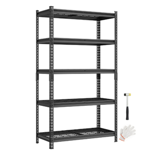 Metal shelving unit with five adjustable wire shelves, accompanied by a rubber mallet and work gloves for assembly.