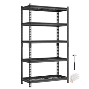 Metal shelving unit with five adjustable wire shelves, accompanied by a rubber mallet and work gloves for assembly.