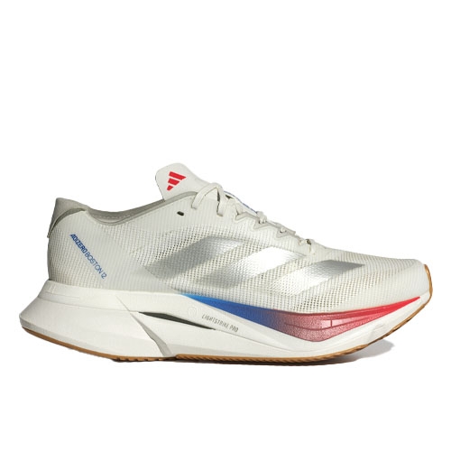 Adidas Adizero Boston 12 Shoes are lightweight running shoes featuring a sleek white design with subtle silver stripes and red and blue gradient accents on the midsole, providing a modern aesthetic suitable for running.