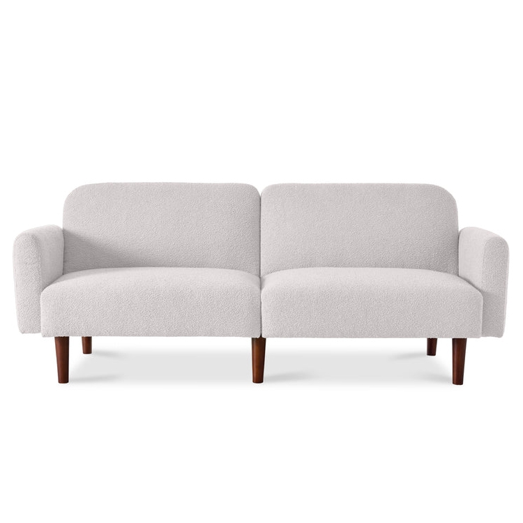 A minimalist white upholstered convertible futon sleeper bed with a split-back design, rounded armrests, and wooden legs.