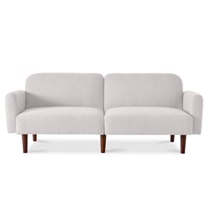 A minimalist white upholstered convertible futon sleeper bed with a split-back design, rounded armrests, and wooden legs.