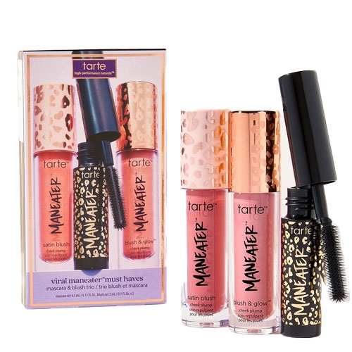 Tarte Viral Maneater Trio Set includes satin blush, blush & glow cheek plump, and Maneater mascara. The packaging features a leopard print design with a black mascara tube and blush bottles in pink shades.